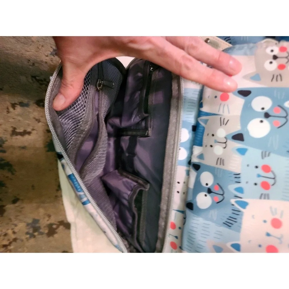 Diaper Bag Backpack Cat Print Blue Grey‎ White USB Charging Port Laprop Travel